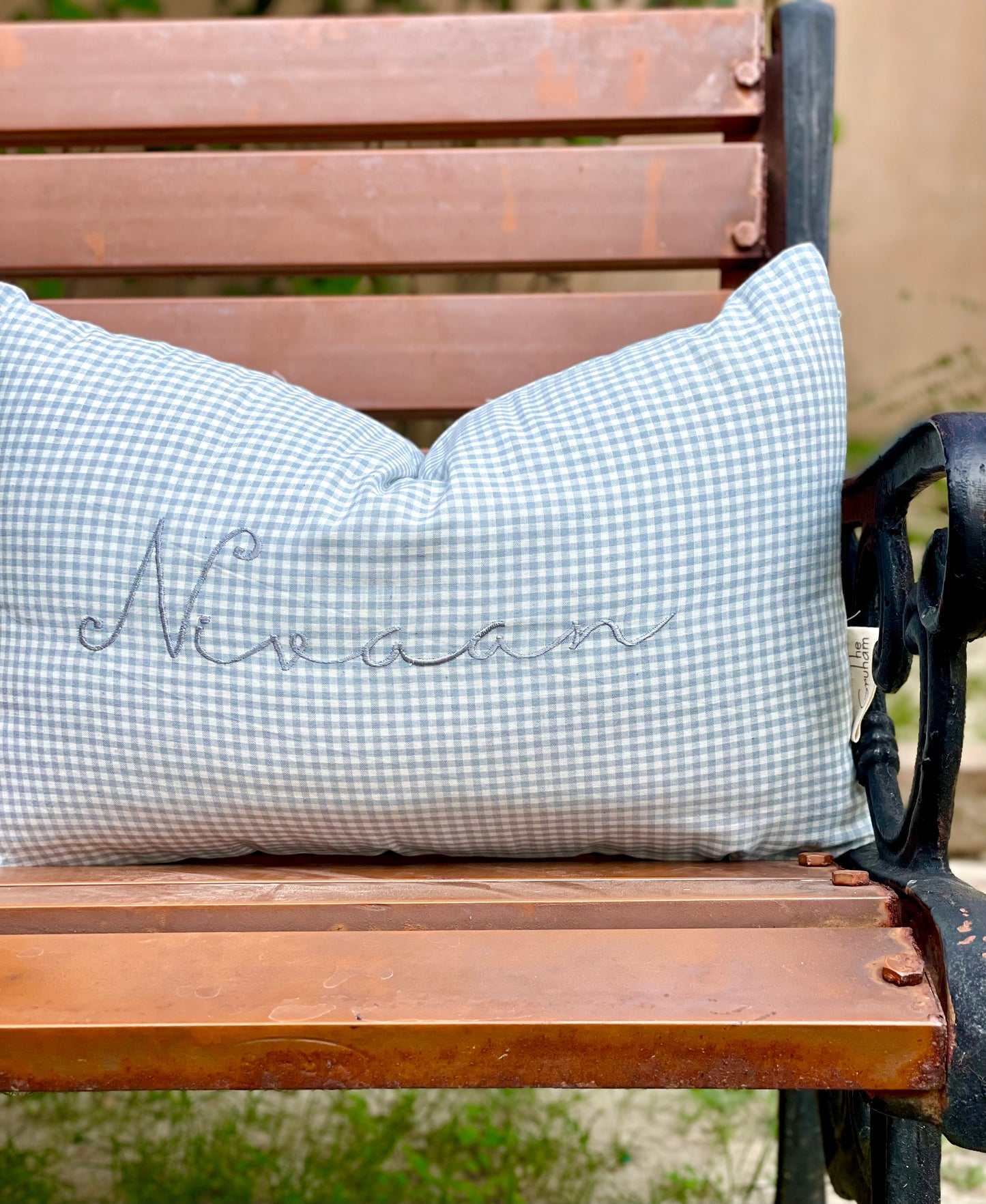 Name it! Dusty Blue Check Snuggle Pillows