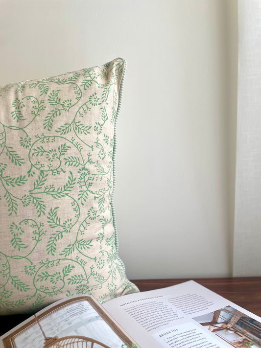 Pea Pod Green Block Print Vine Cushion cover