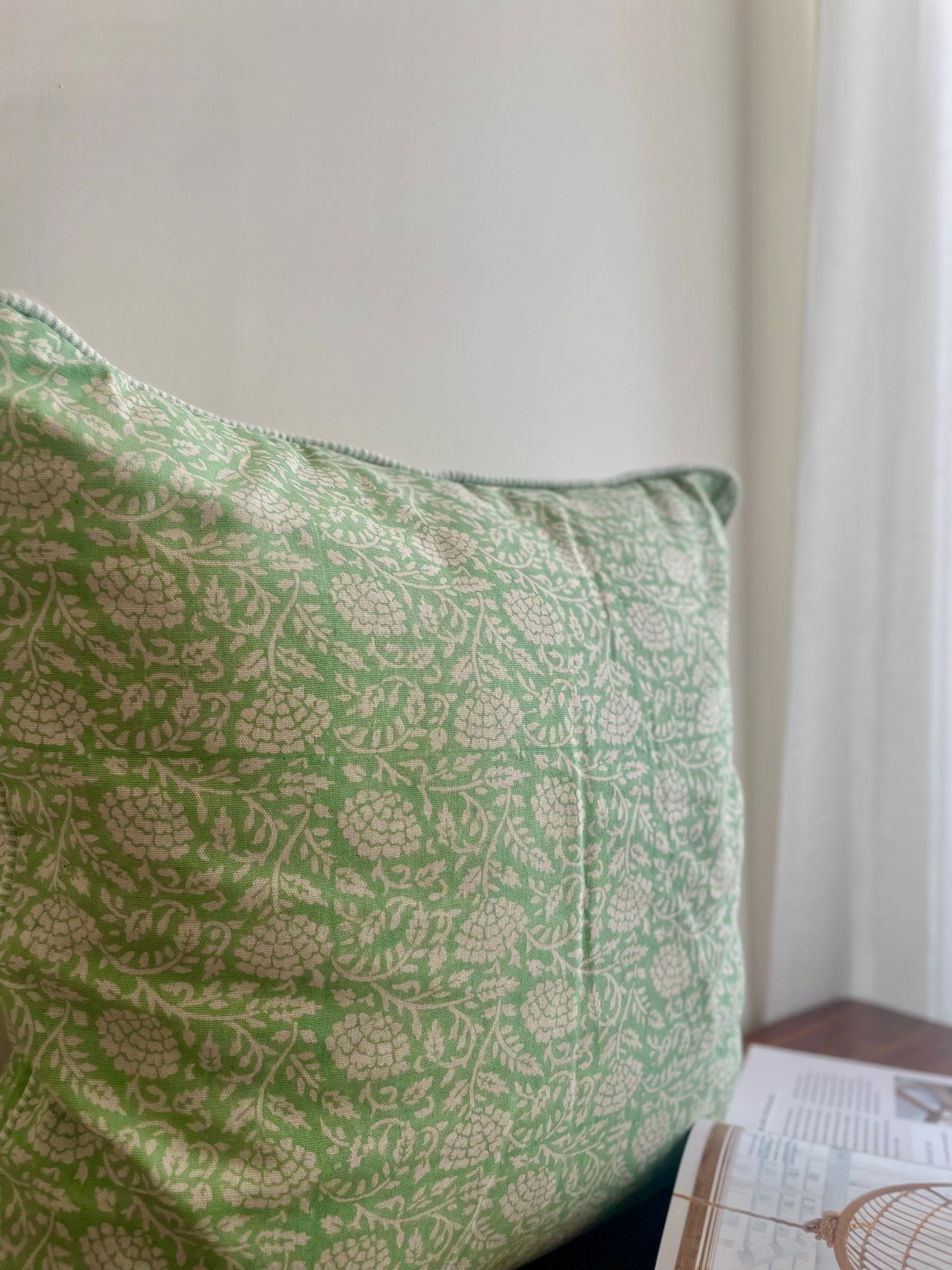 Pea Pod Green Block Print Floral Cushion cover