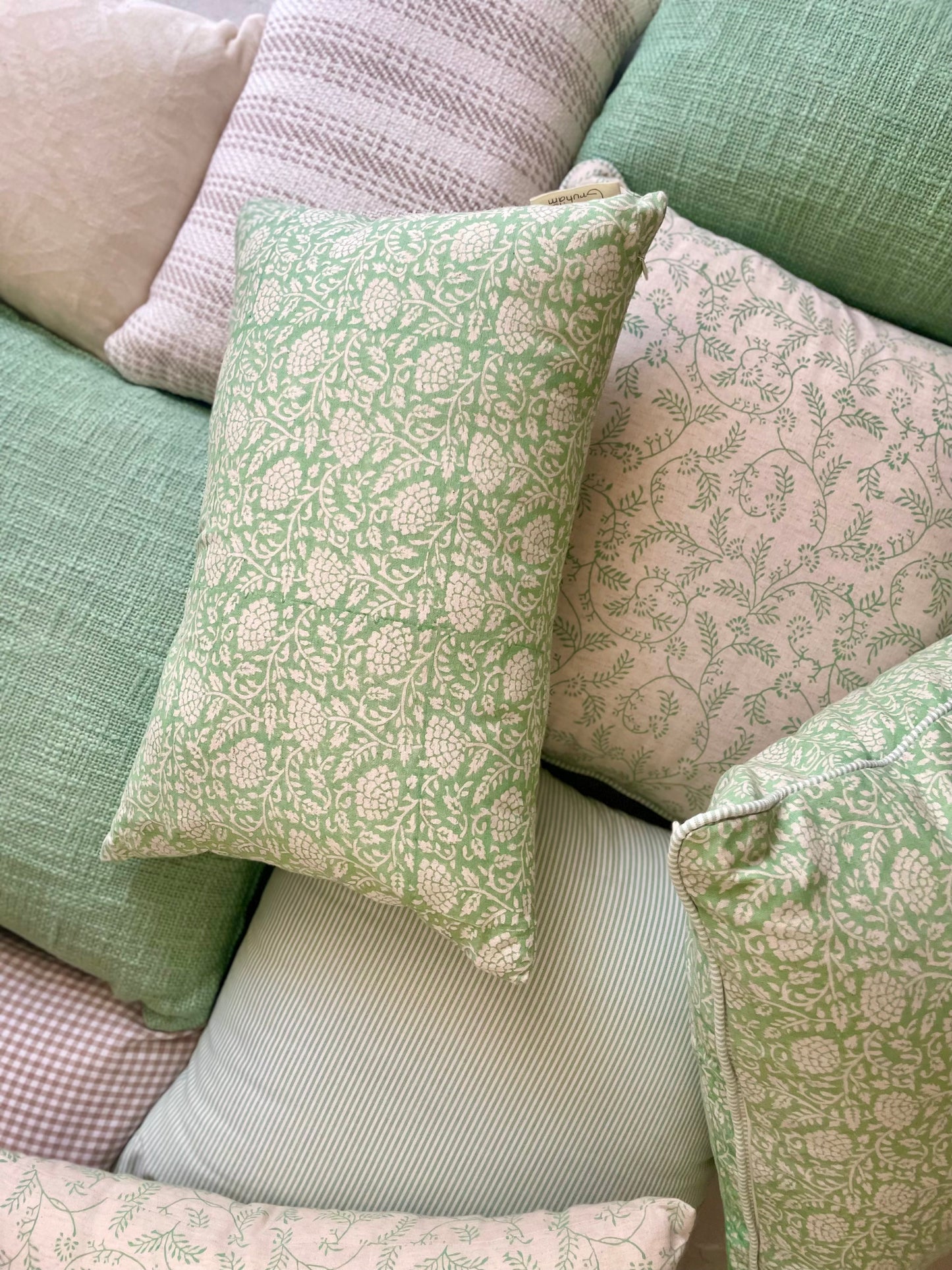 Pea Pod Green Block Print Floral Cushion cover
