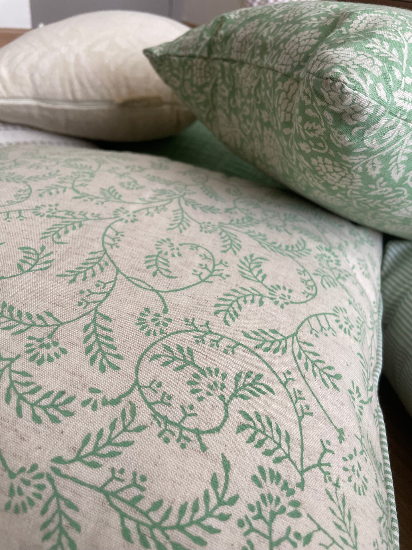 Pea Pod Green Block Print Vine Cushion cover